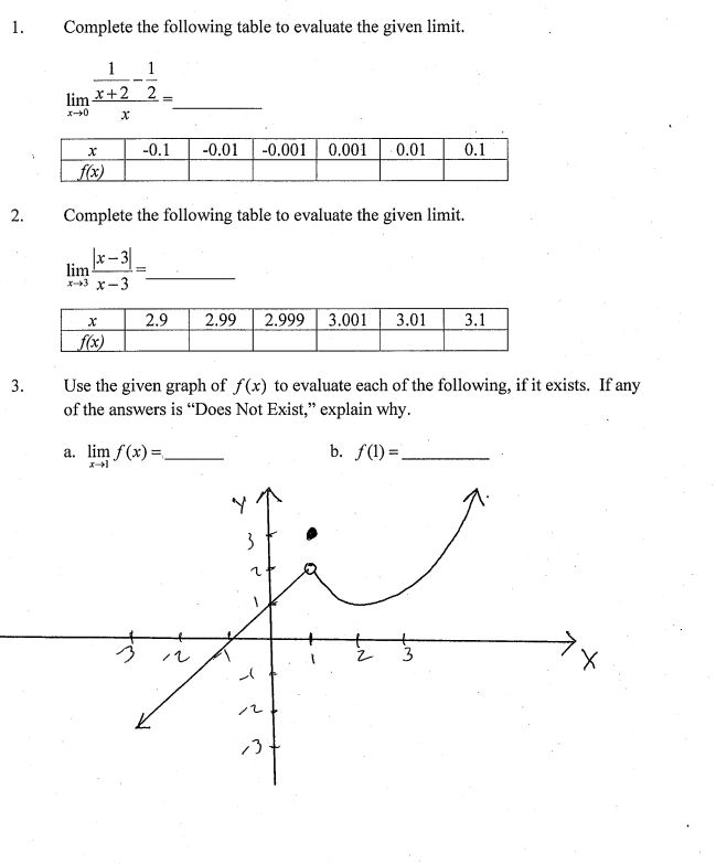 1 . Complete the following table to evaluate the given limit.