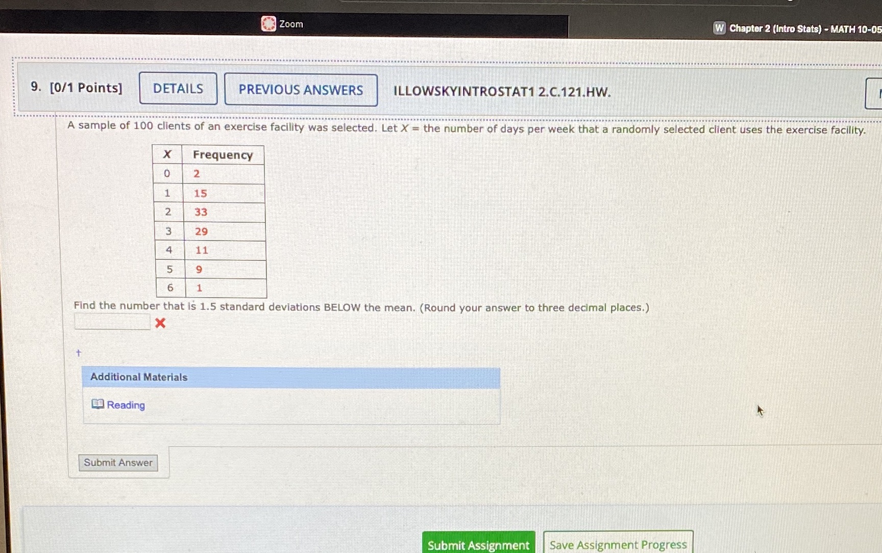 Zoom W Chapter 2 (Intro Stats) - MATH 10-0 9. [0/1