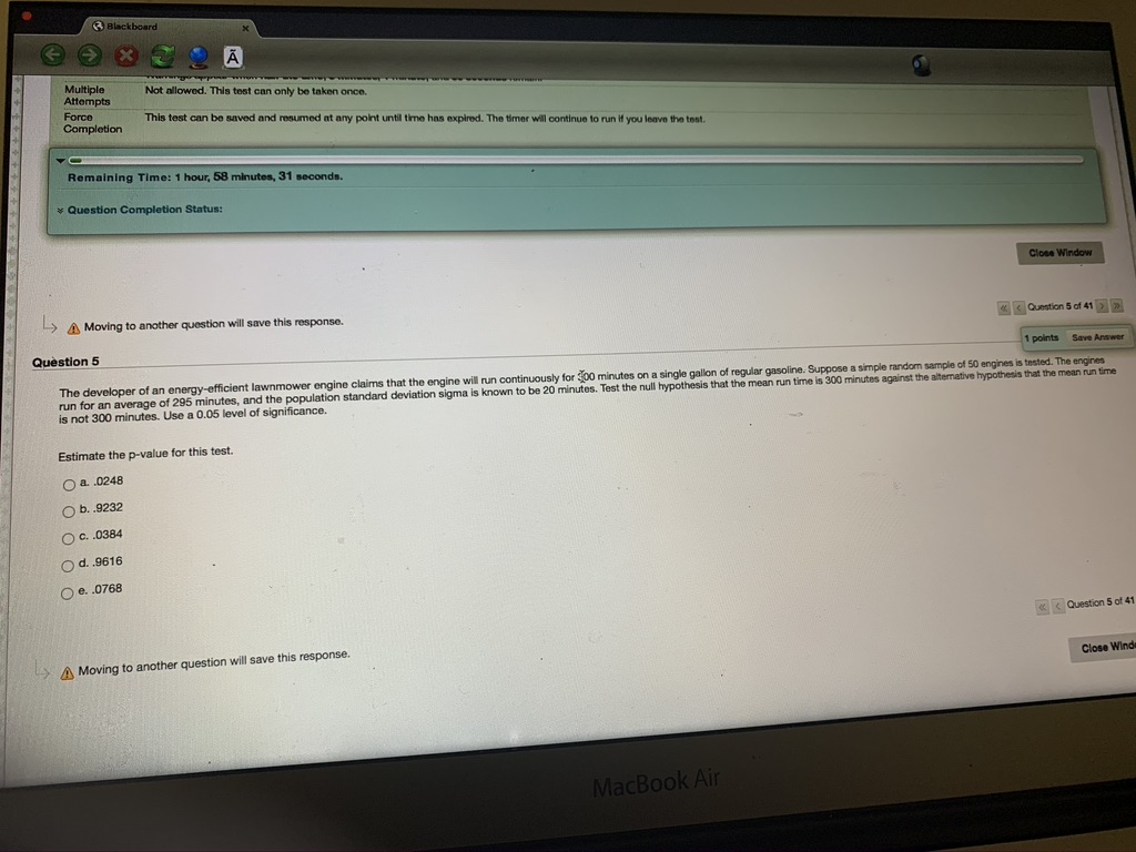 Test the null hypothesis that the mean run time is 300 minutes