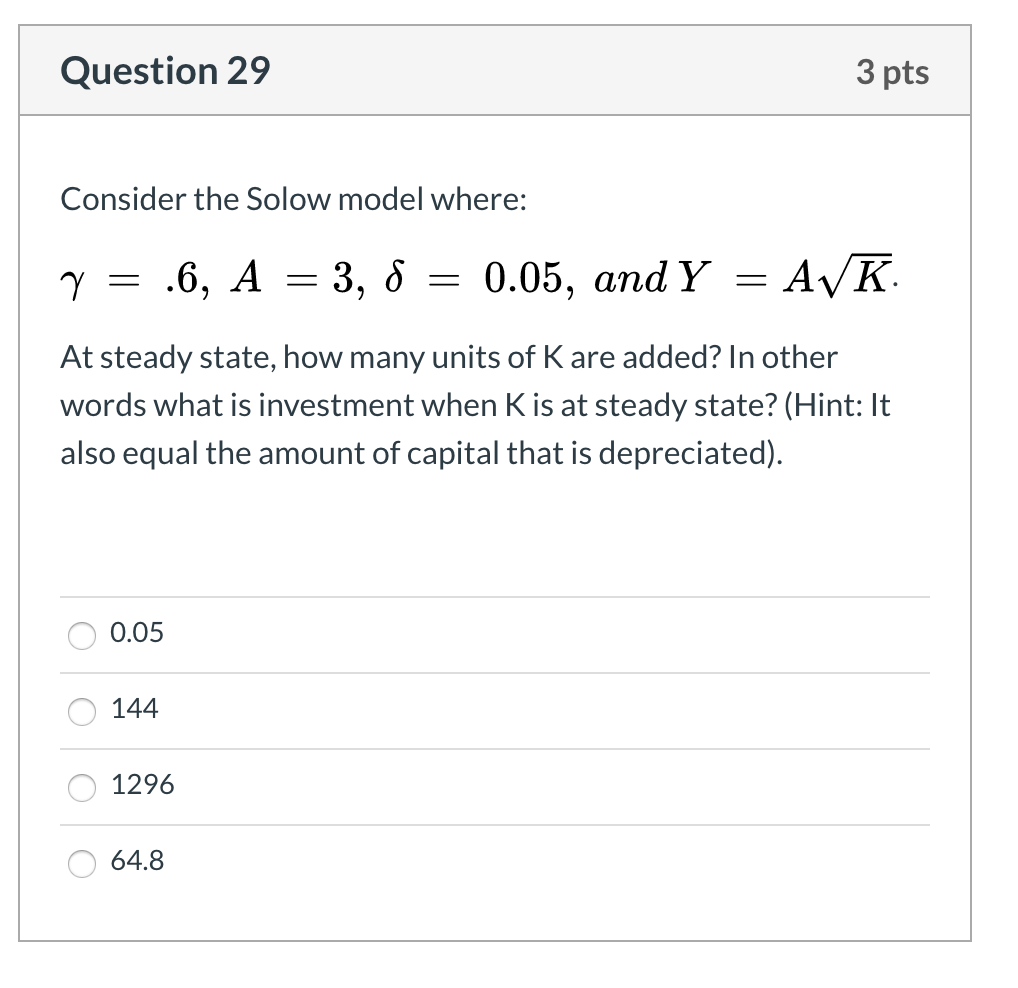 model where: 'Y = -6, A =3, 5 = 0.05, andY =A\\/K