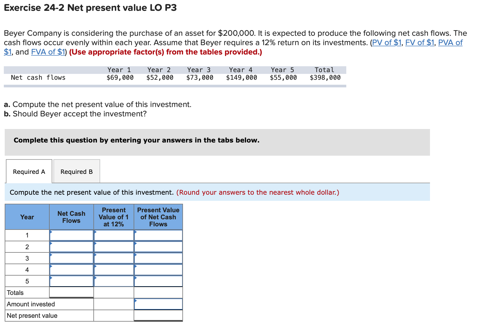 Required A -Required B Compute the net present value of this investment.