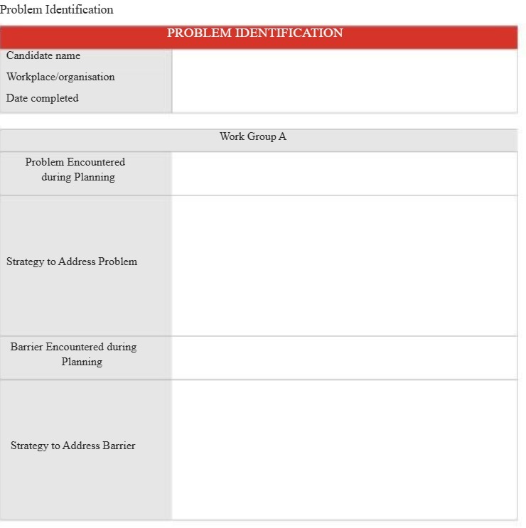  Problem Identification PROBLEM IDENTIFICATION Candidate name Workplace/organisation Date completed Work Group