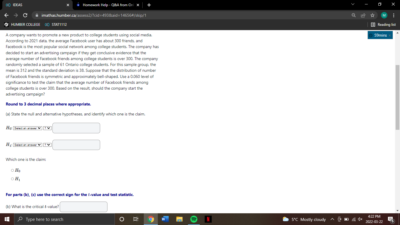 (c) use the correct sign for the t-value and test statistic. 59mins