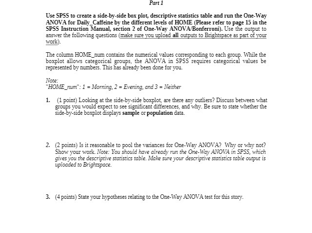 statistics table and run the One-Way ANOVA for Daily_Caffeine by the different