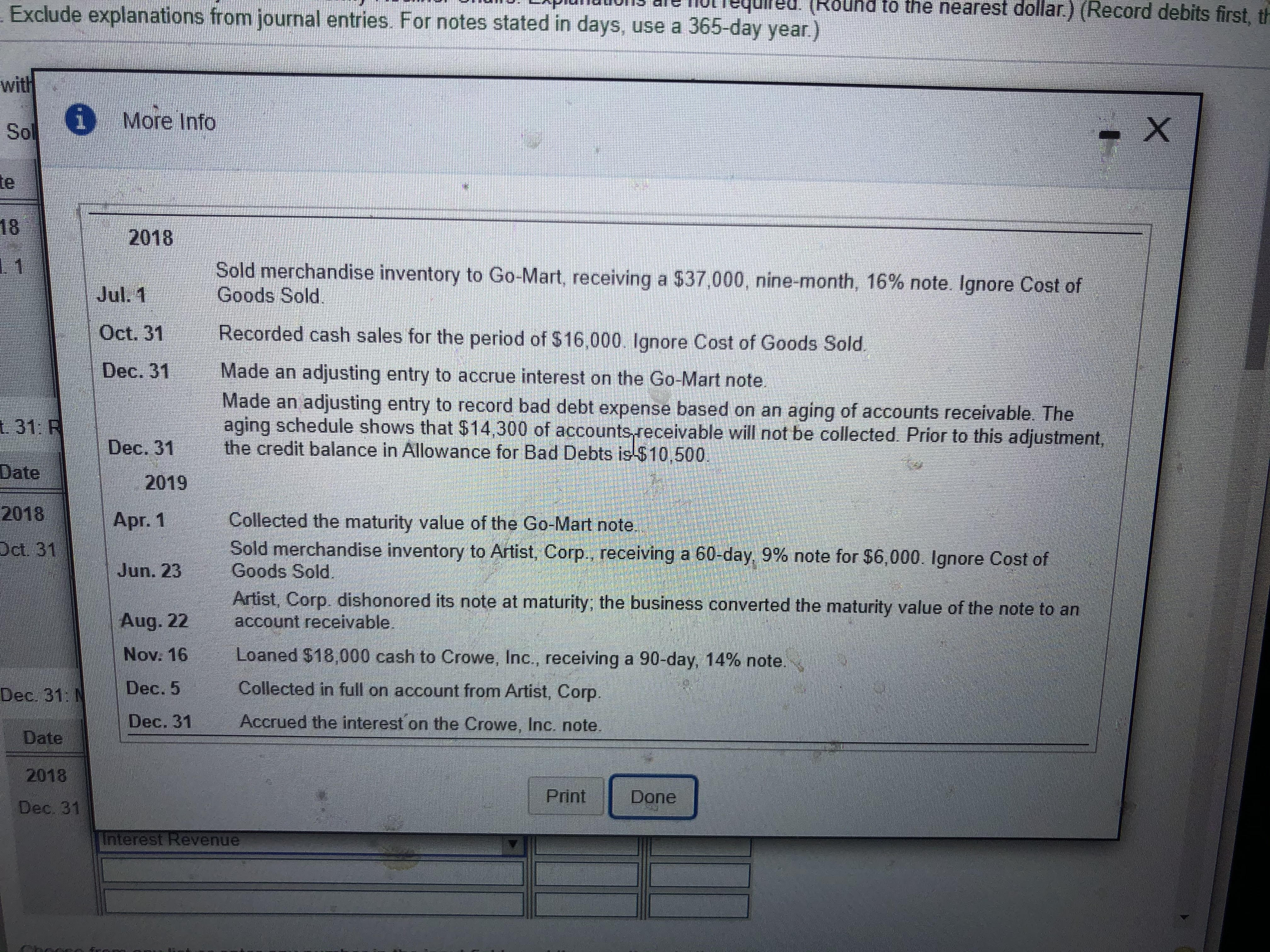 Exclude explanations from journal entries. For notes stated in days, use a