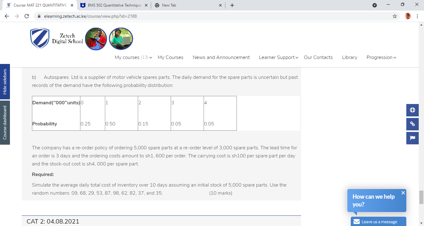 9 New Tab X + X C A elearning.zetech.ac.ke/course/view.php?id=2188 ... Zetech Digital