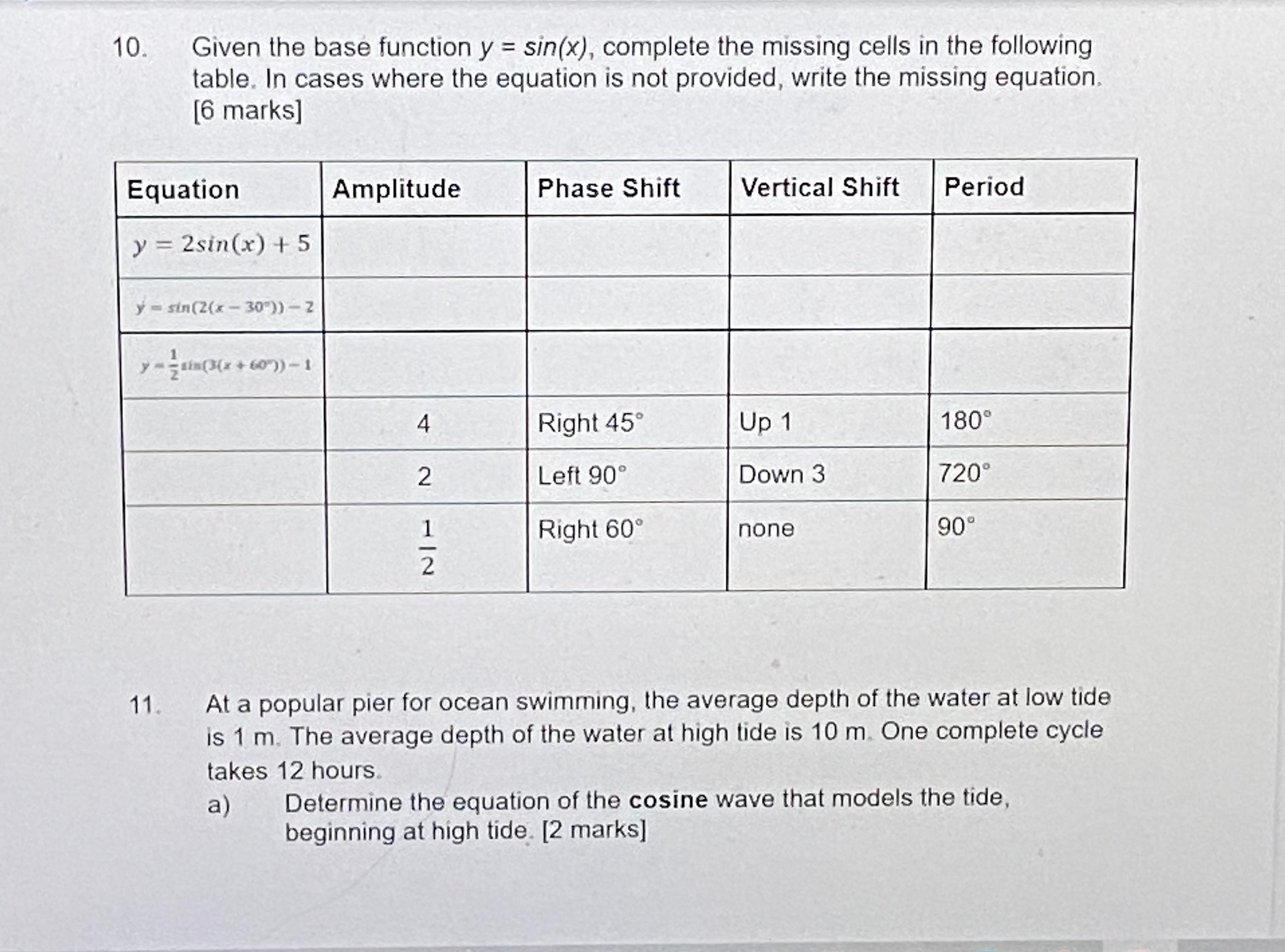 provided, write the missing equation, [6 marks] Equation Amplitude Phase Shift Vertical