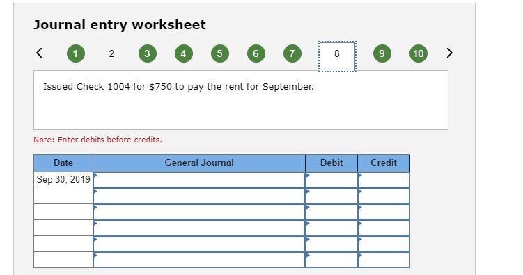 Journal entry worksheet o 00000 8 O Issued Check 1004 for $750