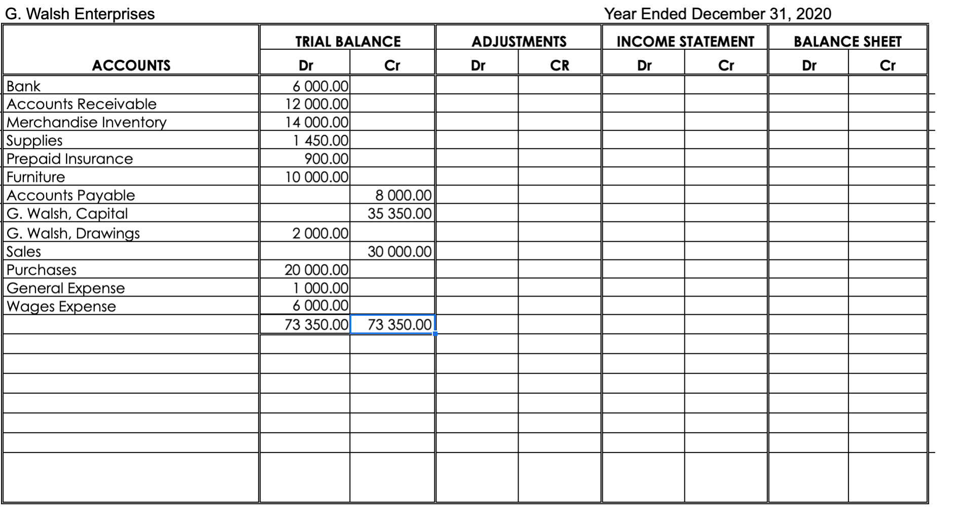 of merchandise was $16,000. b. Complete the worksheet.G. Walsh Enterprises Year Ended