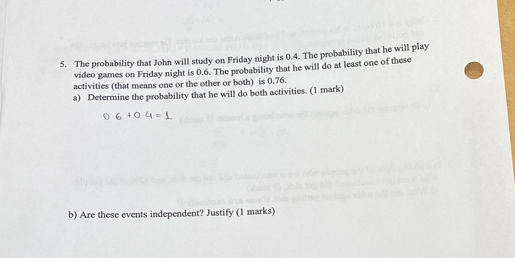 0.4. The probability that he will play video games on Friday night