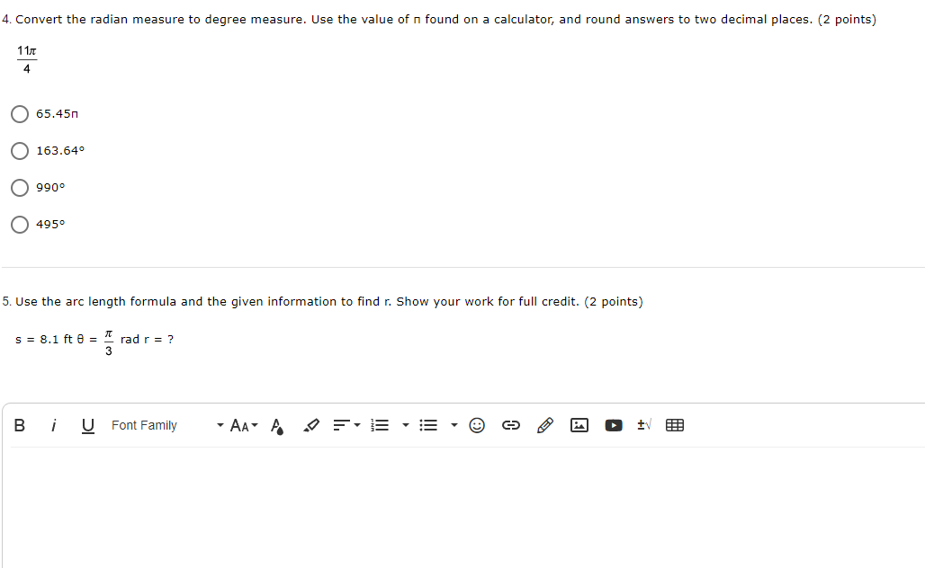 O 1?23'4?" 3. Convert -36 from degrees to radians. {2 points] Oi