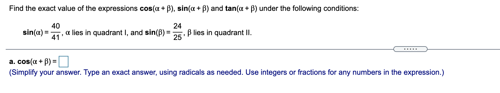 right side of the formula for cos(a - [3) with particular values