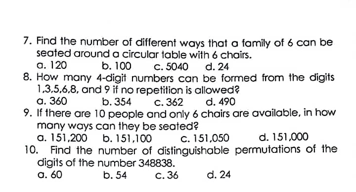 3. value concepts permutation in solving real life situation. Pre- Assessment Multiple
