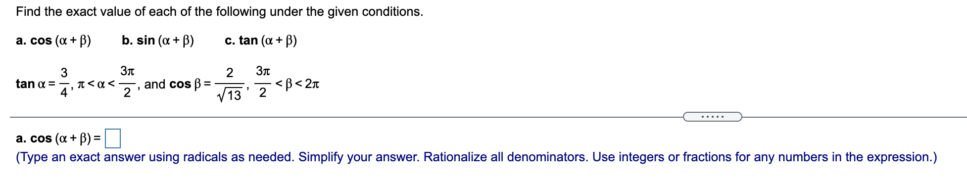 [3 lies in quadrant II. a. cos(o + B) = Cl (Simplify