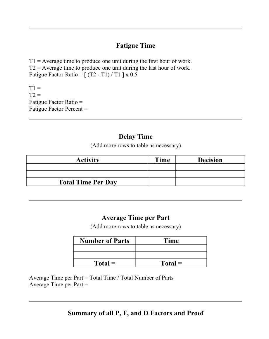 summary of the time study data that was collected during an eight-hour