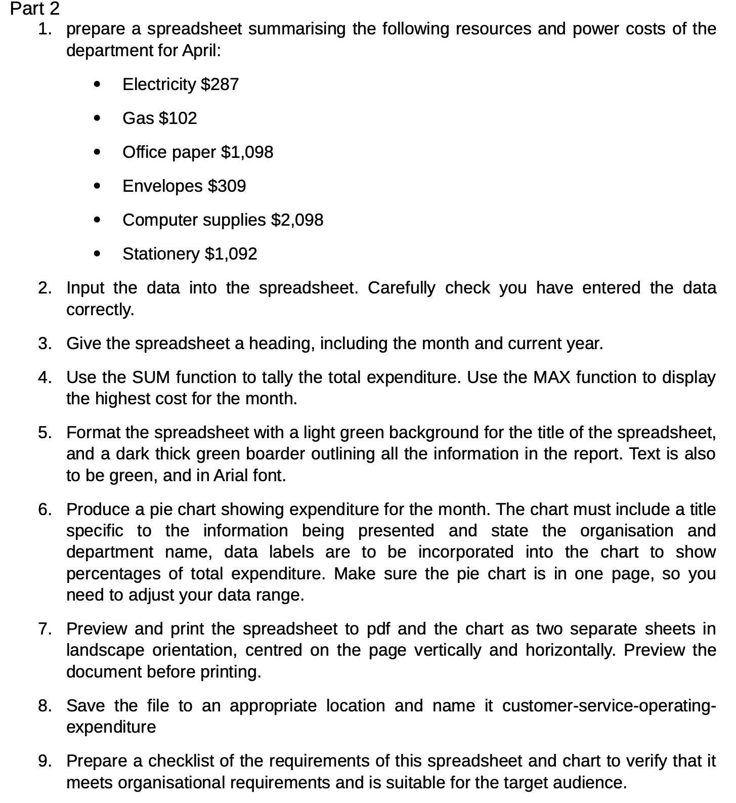 Part 2 1. prepare a spreadsheet summarising the following resources and