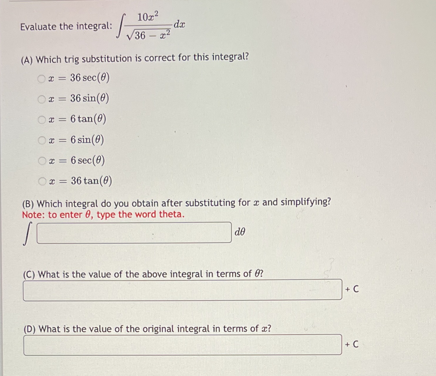 trig substitution is correct for this integral? Ox = 36 sec(0) Ox