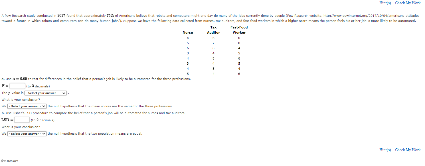 Hint(s) Check My Work A Pew Research study conducted in 2017 found
