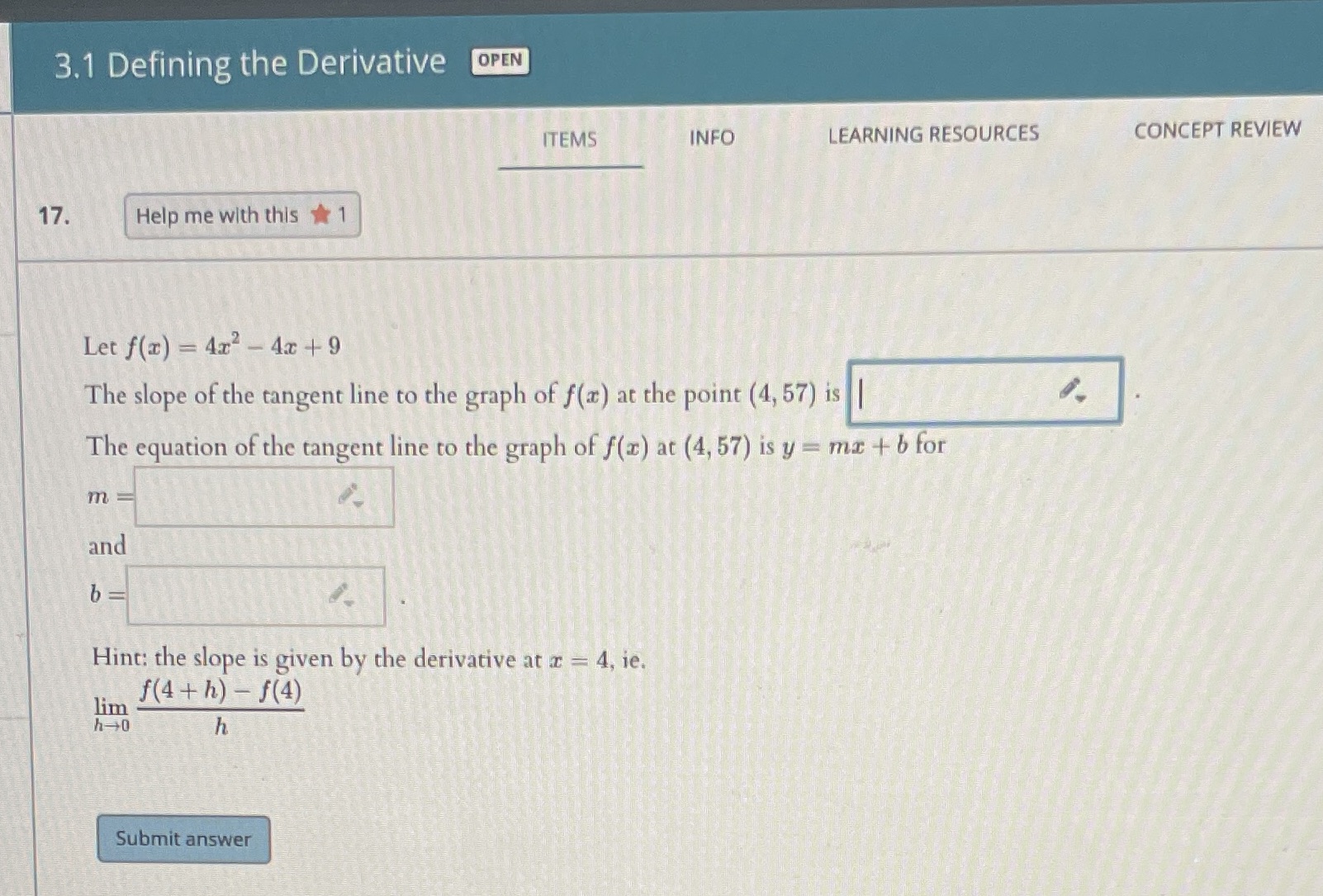 RESOURCES CONCEPT REVIEW 17. Help me with this # 1 Let f(x)