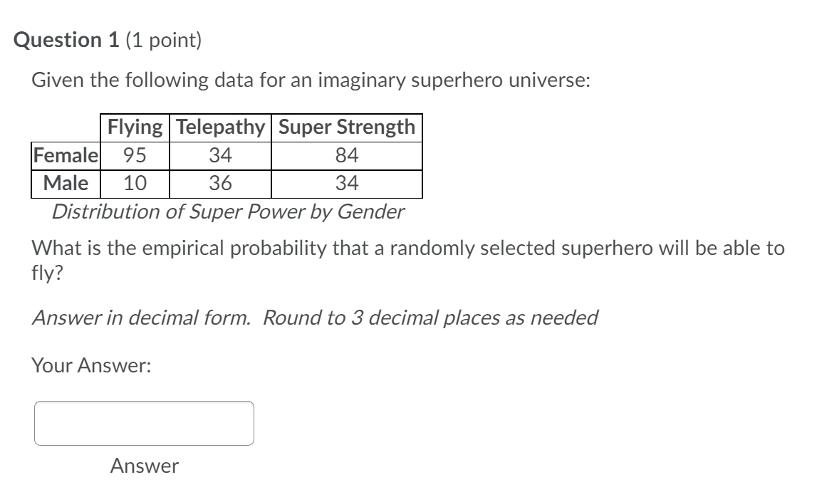 Question 1 (1 point) Given the following data for an imaginary