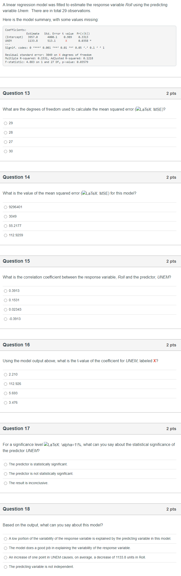 Roll using the predicting variable Unem. There are in total 29 observations.