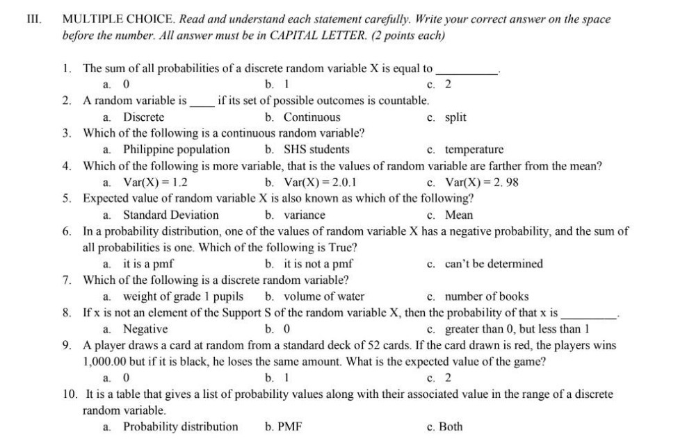  III. MULTIPLE CHOICE. Read and understand each statement carefully. Write your