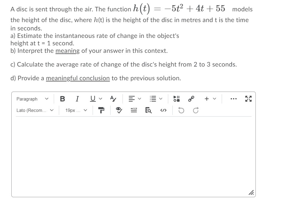 A disc is sent through the air. The function h(t) :