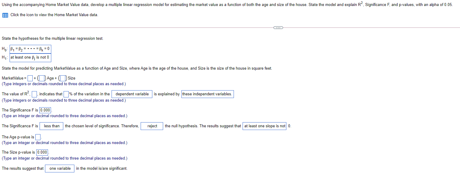  Using the accompanying Home Market Value data, develop a multiple linear