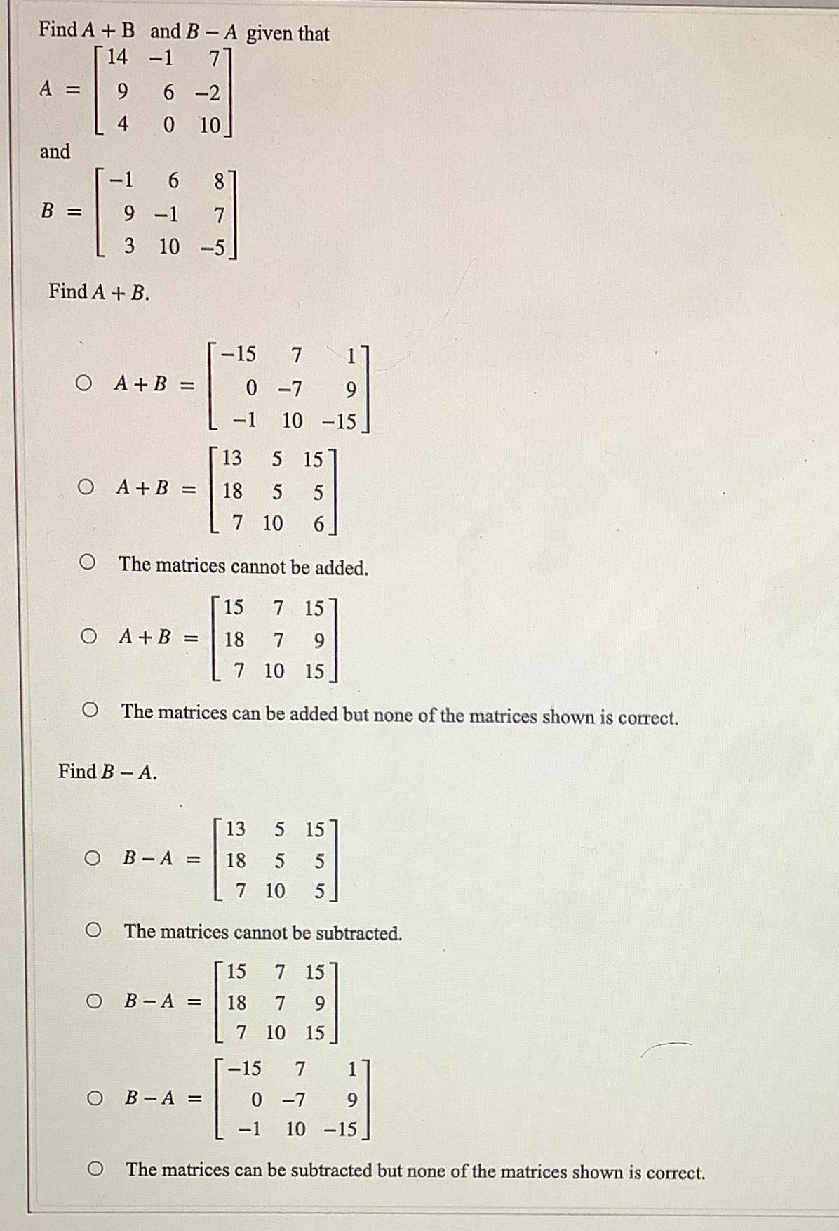 Find A + B and B - A given that 14