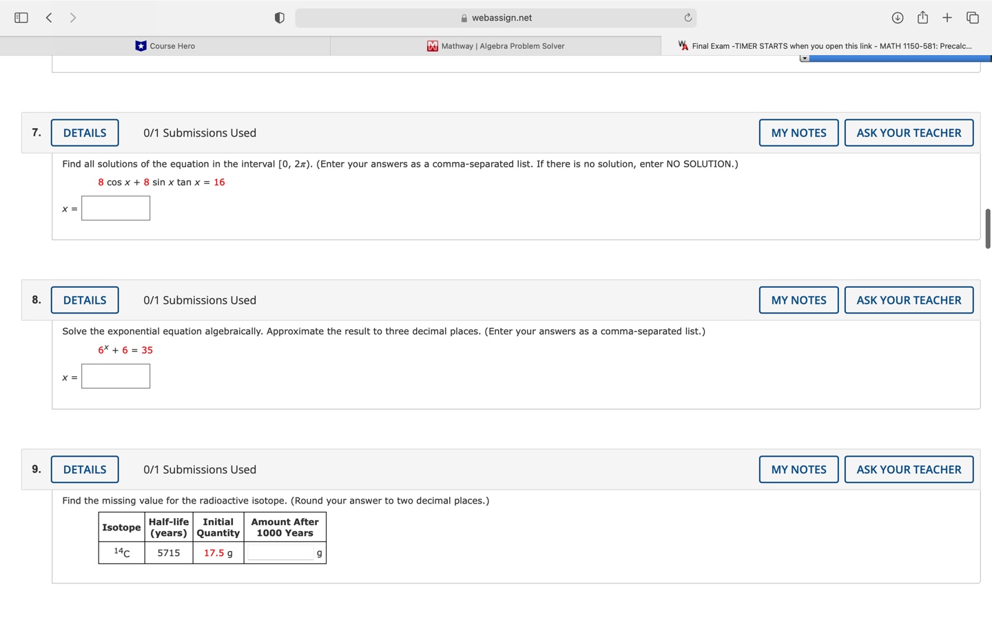  webassign.net C + 0 Course Hero DO Mathway | Algebra Problem