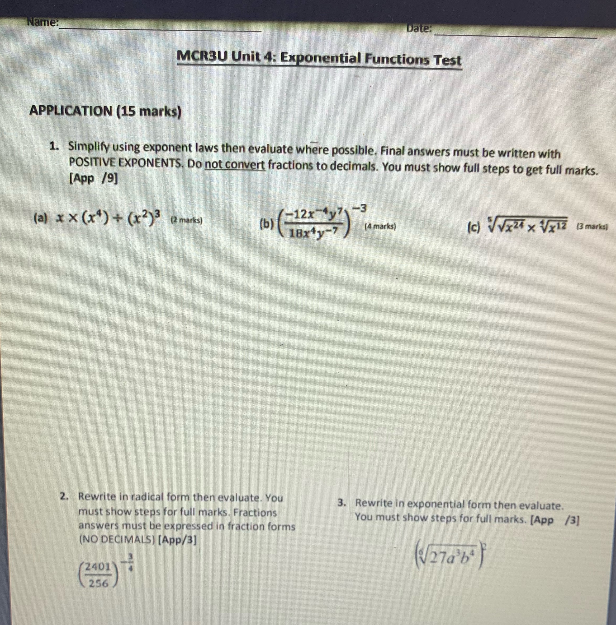 using exponent laws then evaluate where possible. Final answers must be written