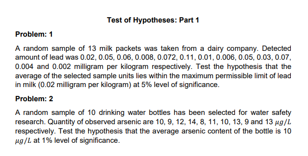 Test of Hypotheses: Part 1 Problem: 1 A random sample of