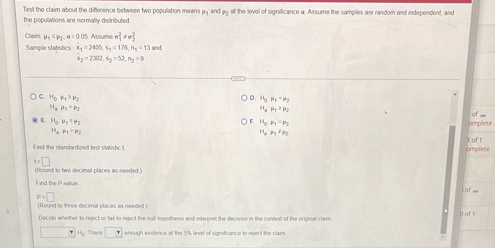  Test the claim about the difference between two population means ,