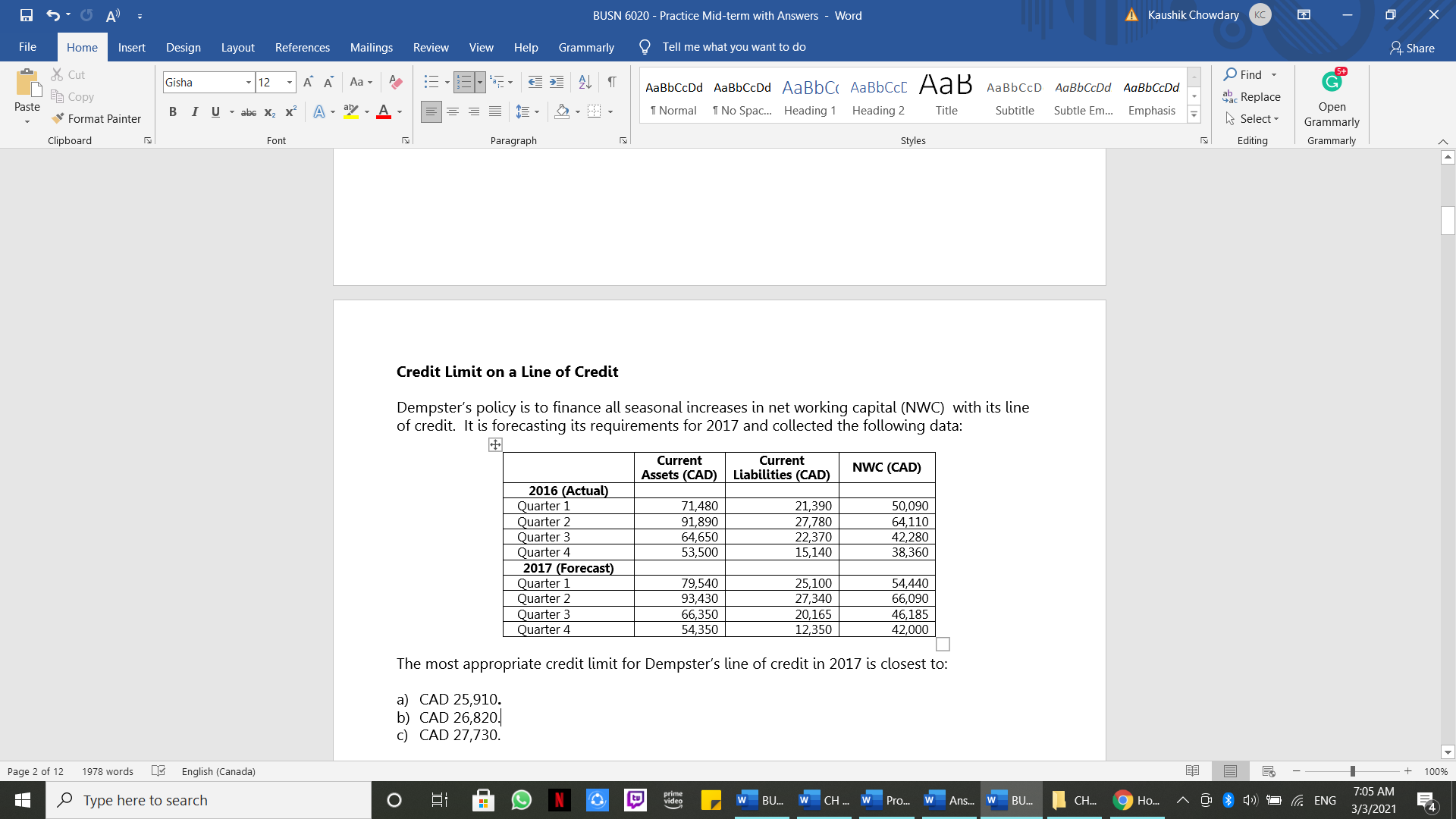 A) BUSN 6020 - Practice Mid-term with Answers - Word A