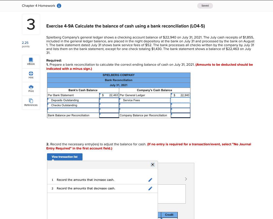 of cash using a bank reconciliation (LO4-5) Spielberg Company's general ledger shows