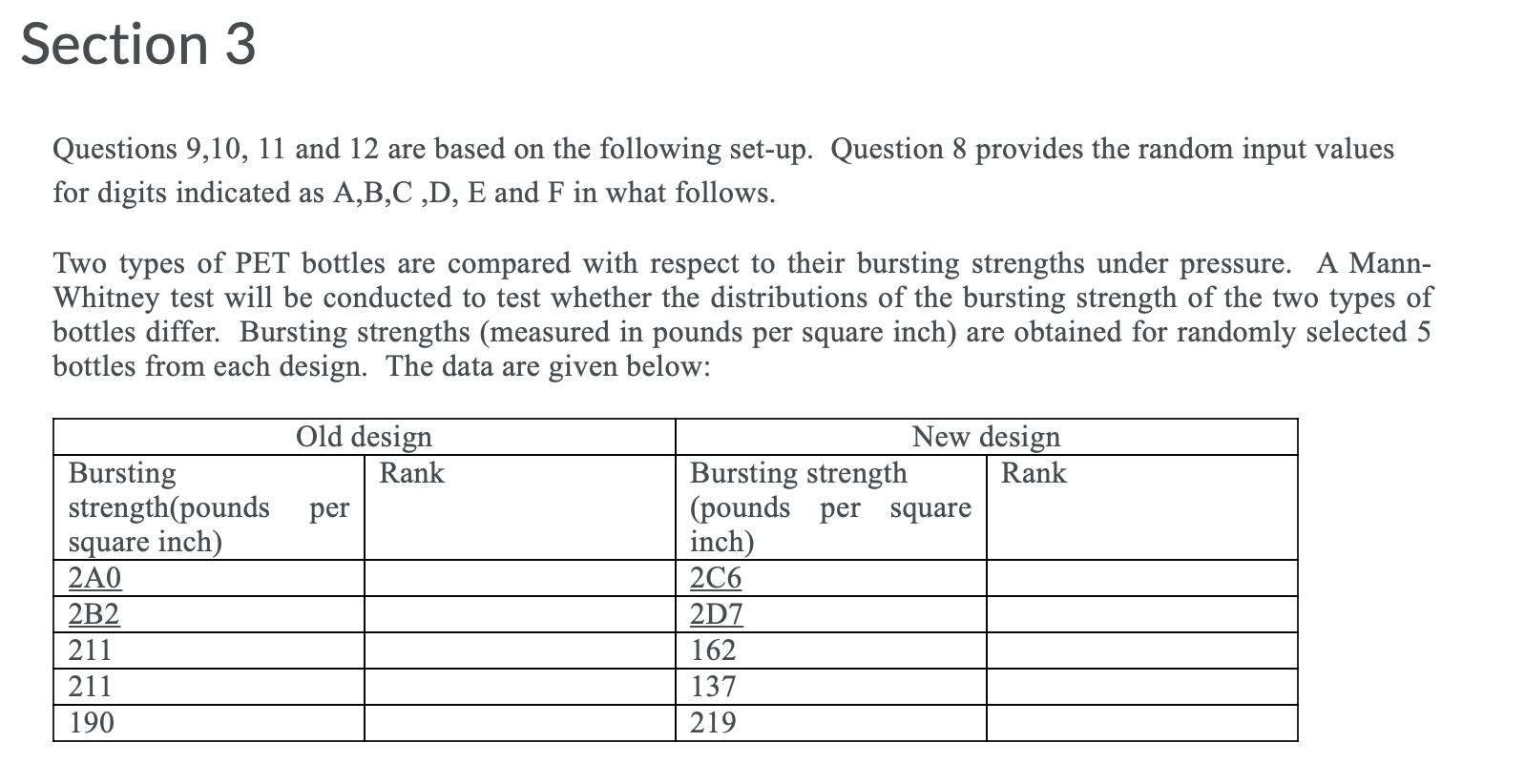 PET bottles are compared with respect to their bursting strengths under pressure.