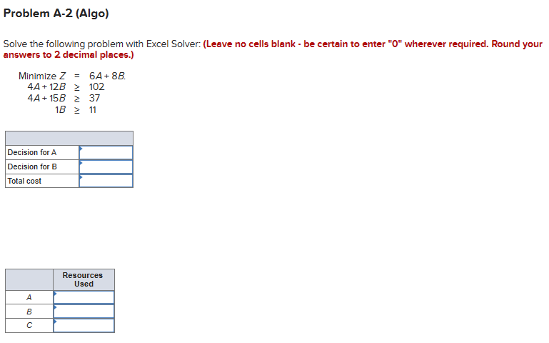  Problem A-2 (Algo) Solve the following problem with Excel Solver: (Leave