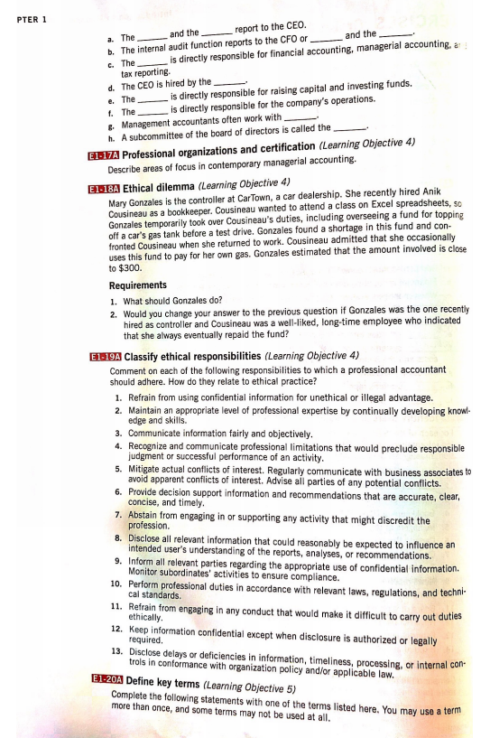 1) Categorize each of the following activities according to which management responsibility