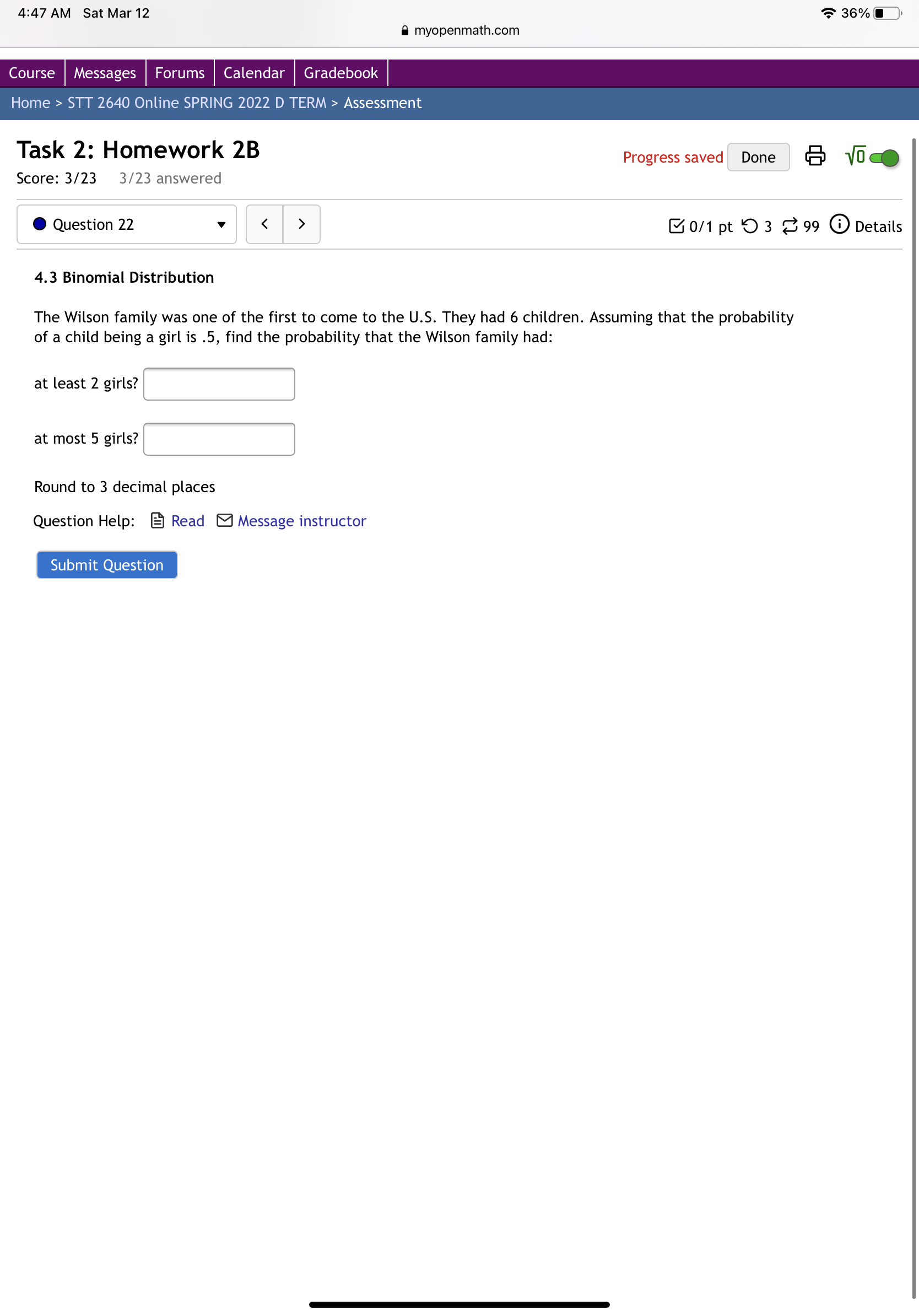 given the probability p = 0.43 of success on a single trial.