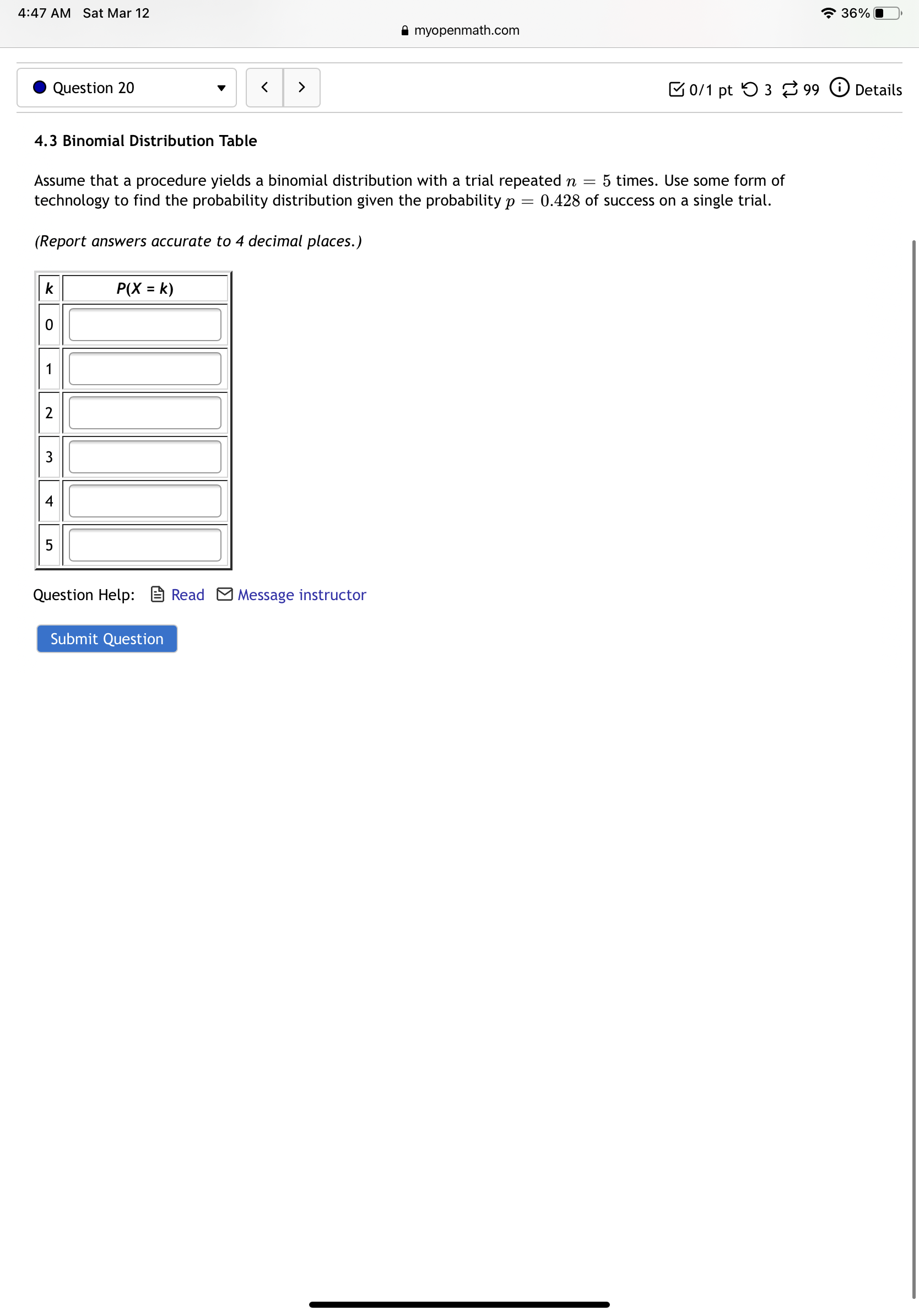 instructor Submit Question 4:47 AM Sat Mar 12 d) 36% E]. E
