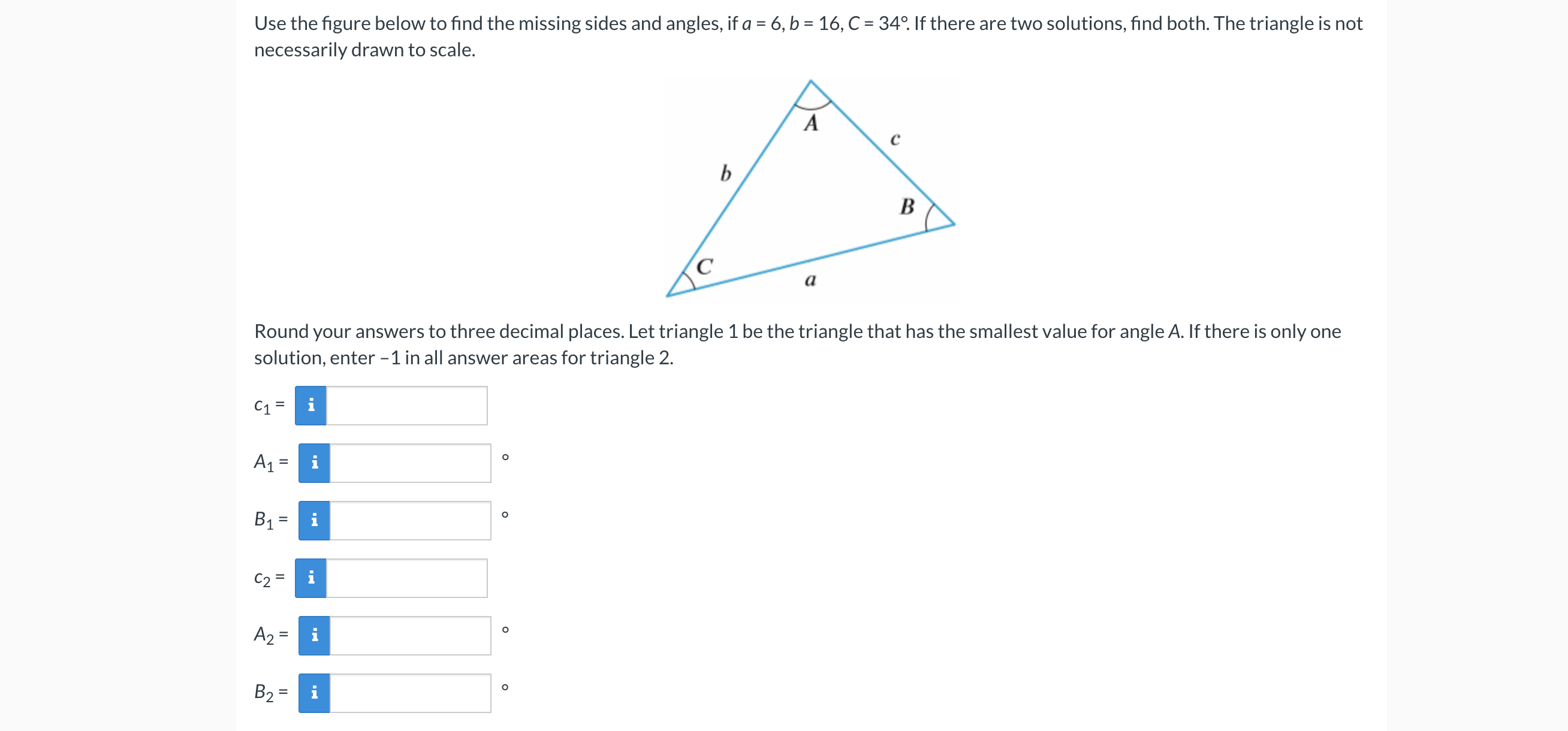 = 20, b = 28, and c = 44. Find both solutions.