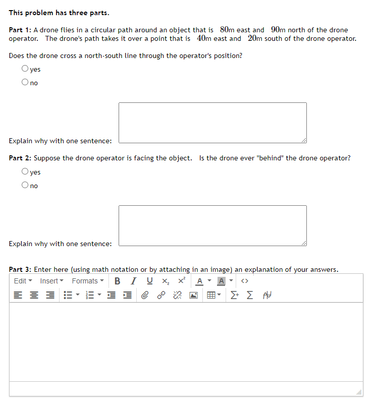 drone flies in a circular path around an object that is 30m