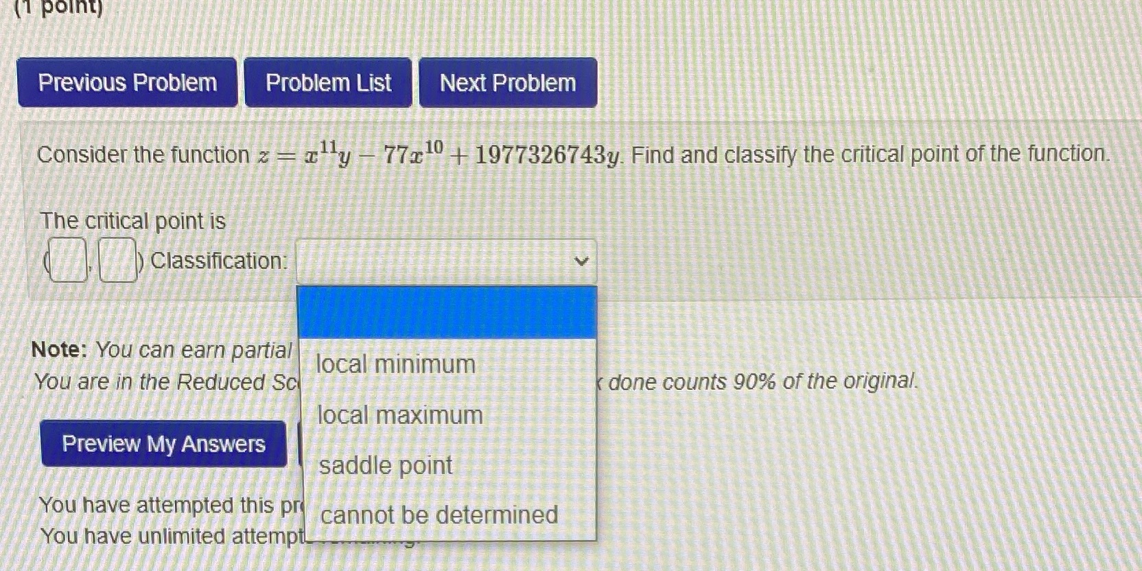  (1 point) Previous Problem Problem List Next Problem Consider the function
