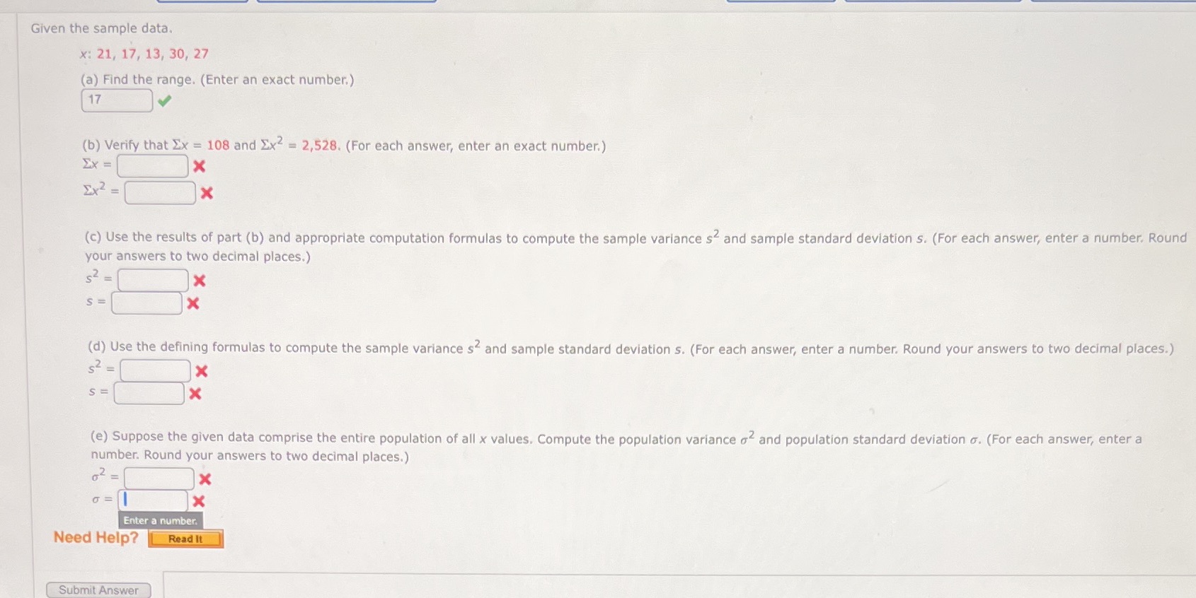  Given the sample data. x: 21, 17, 13, 30, 27 (a)