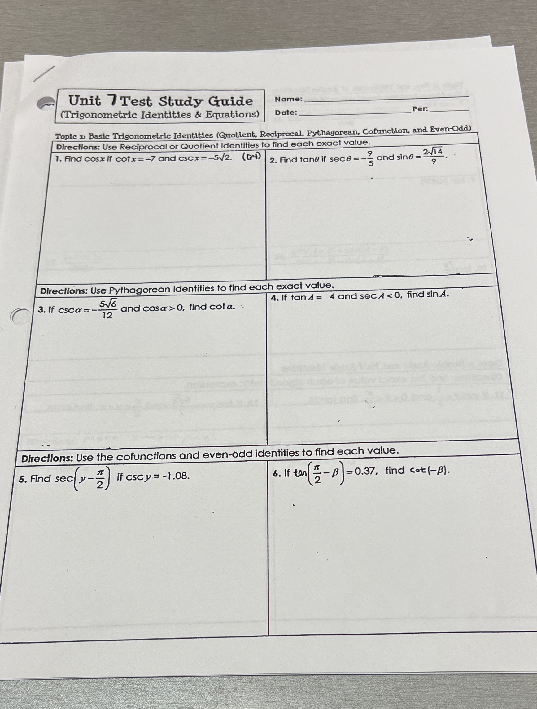  please show all your work! Unit 7 Test Study Guide Name: