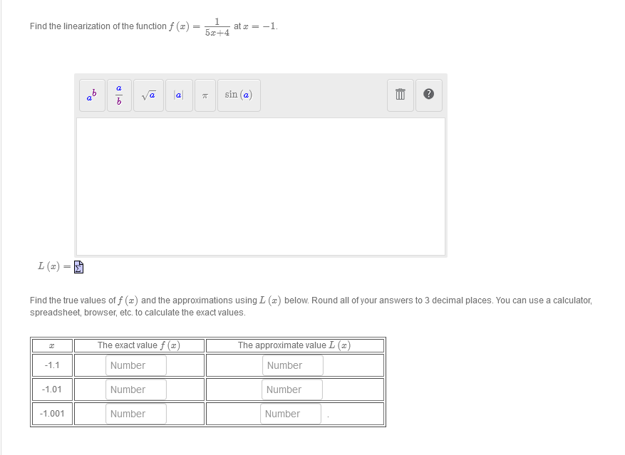  Find the linearization of the function f (@) = = 5x+4