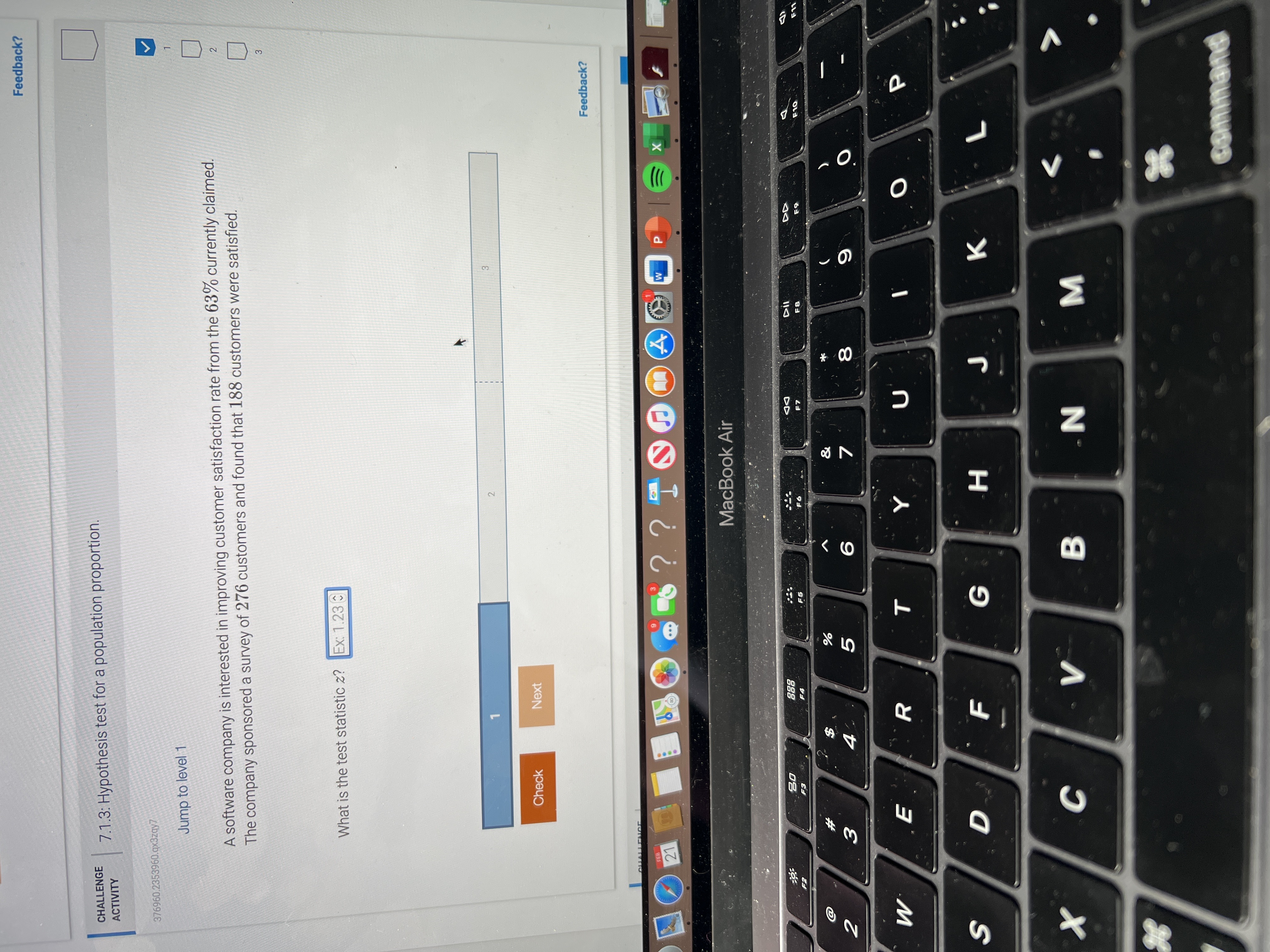  Feedback? CHALLENGE ACTIVITY 7.1.3: Hypothesis test for a population proportion. 376960.2353960.qx3zay7