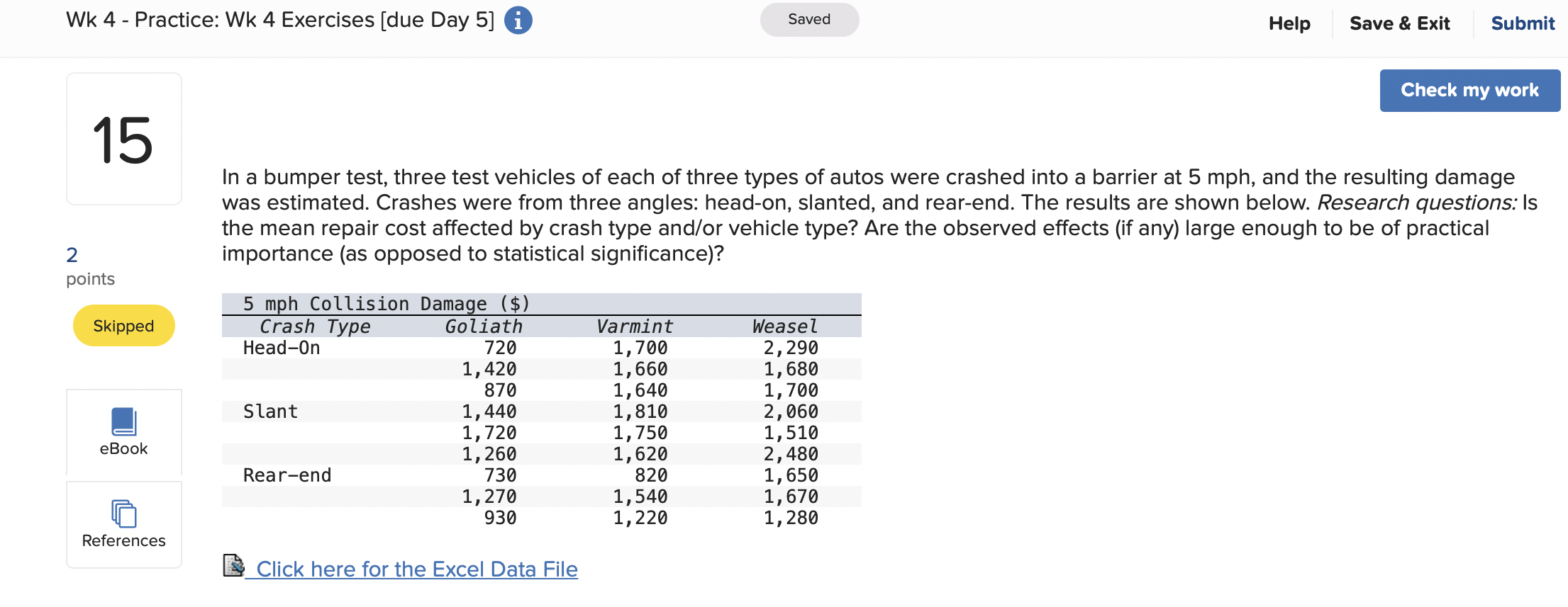 three types of autos were crashed into a barrier at 5 mph,