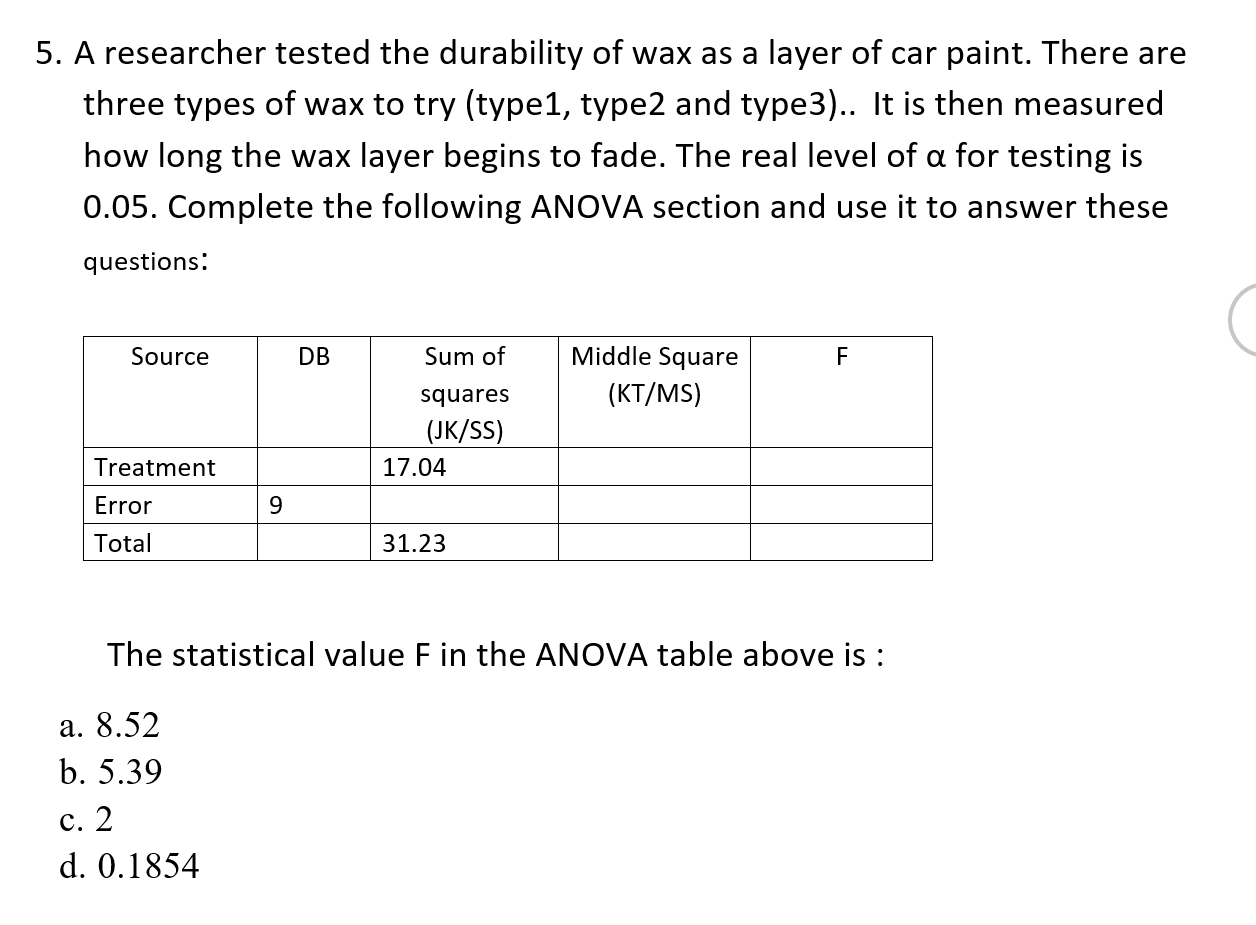 Complete the following ANOVA section and use it to answer the questions