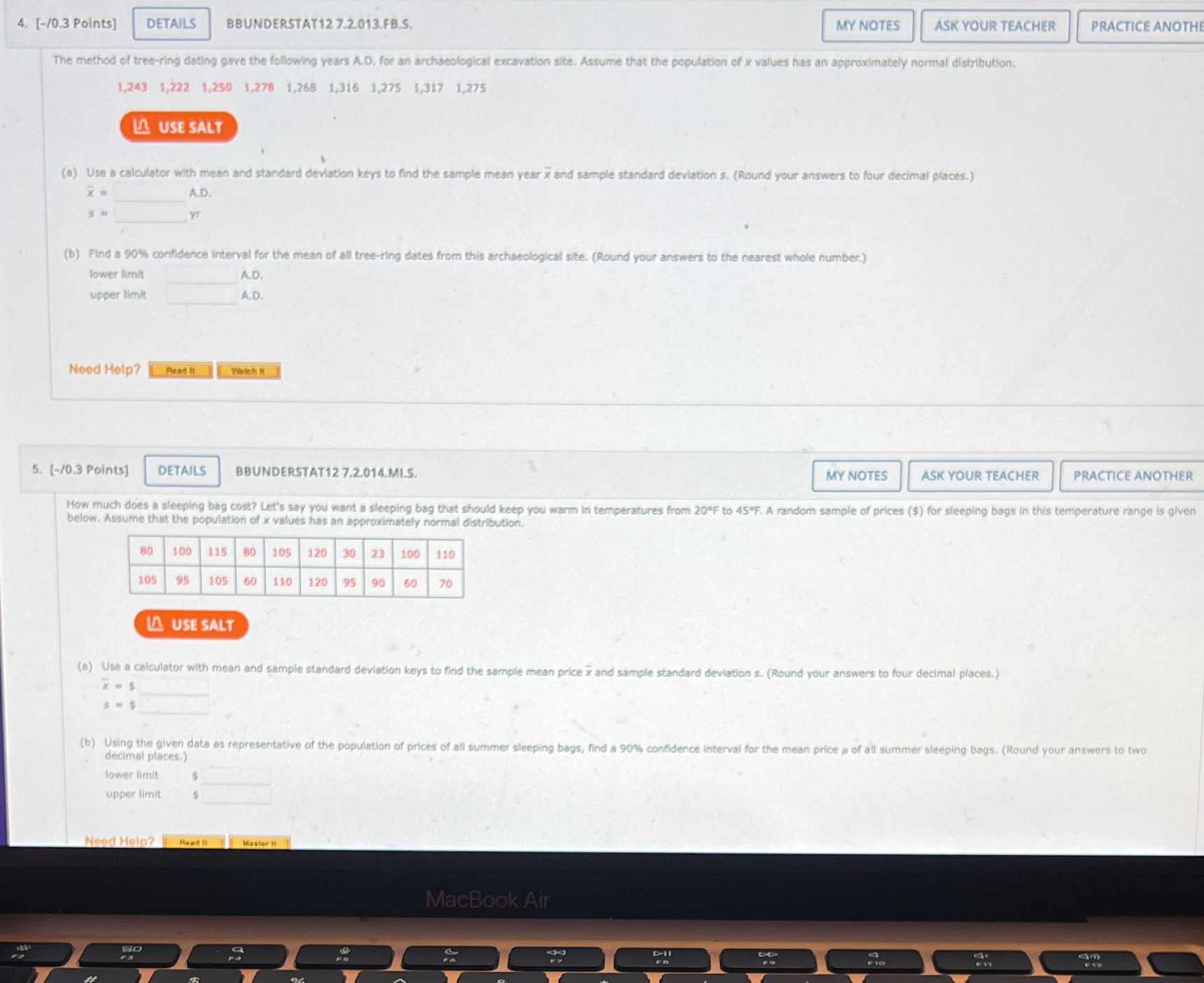 PRACTICE ANOTH The method of tree-ring dating gave the following years A.D.
